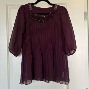 Chic Burgundy Chiffon Blouse with Floral Accents
